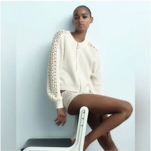 Zara Knit Bomber Jacket with Crocheted Sleeves NWT